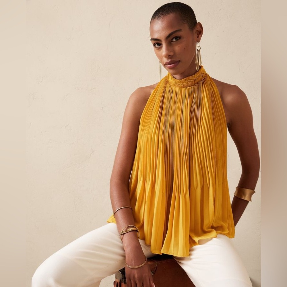 Banana Republic Pleated Halter Blouse Mustard Yellow Sleeveless Top Size Small